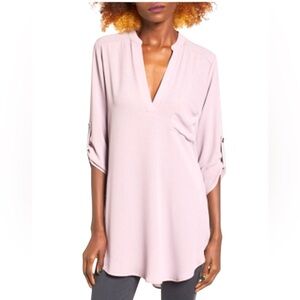 LUSH V -Neck Roll Tab Sleeve Sheer Tunic EUC sz S